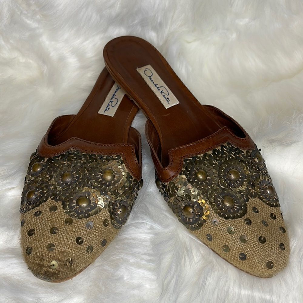 Oscar de la Renta Leather Floral Print Mules Size 39/US